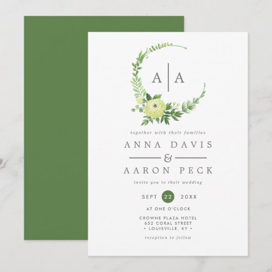 Waterverf groen monogram krans bruiloft kaart (Voorkant / Achterkant)