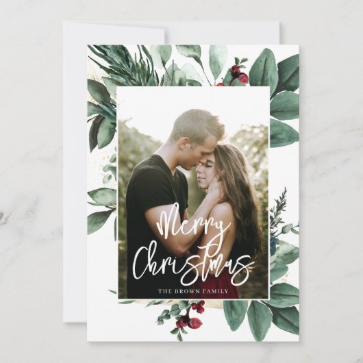 Waterverf groen rode bessen foto feestdagenkaart (Voorkant)