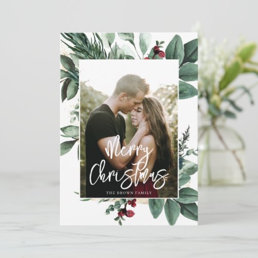 Waterverf groen rode bessen foto feestdagenkaart (Staand voorkant)