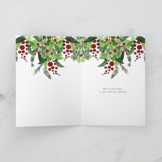 Waterverf Groen Rode Bessen Kerstmis Feestdagen Kaart (Binnen)