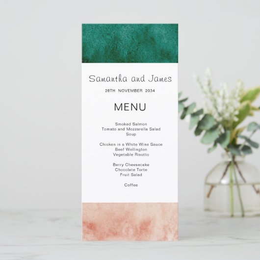 Waterverf Groen Roze Formele Moderne Trouw Menu (Staand voorkant)