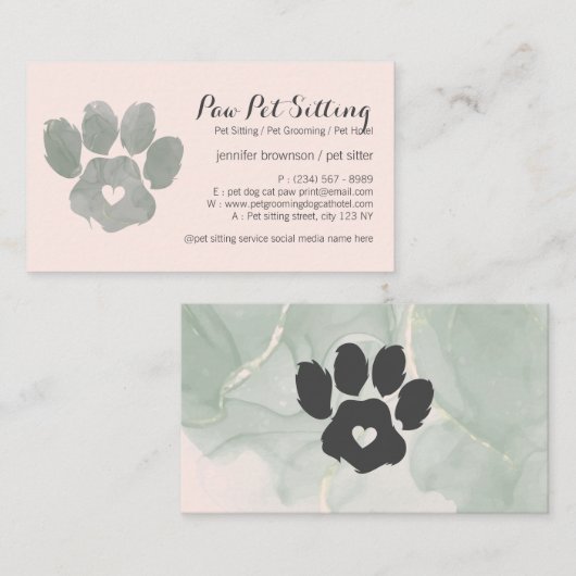 Waterverf GROEN roze Pet Sitter Grooming Paw Visitekaartje (Voorkant / Achterkant)
