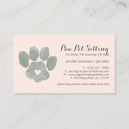Waterverf GROEN roze Pet Sitter Grooming Paw Visitekaartje (Voorkant)