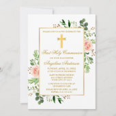 Waterverf groen roze rozen eerste communie kaart (Voorkant)