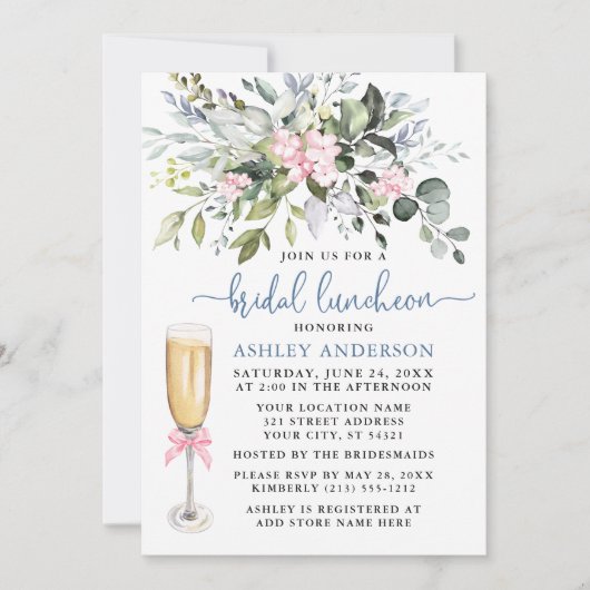 Waterverf Groen Roze Stoffig Blauw Bruidslunch Kaart (Voorkant)