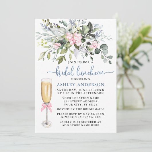 Waterverf Groen Roze Stoffig Blauw Bruidslunch Kaart (Staand voorkant)