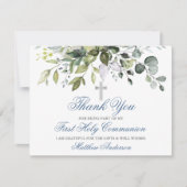 Waterverf Groen Stoffig Blauw Communie Bedankkaart (Voorkant)