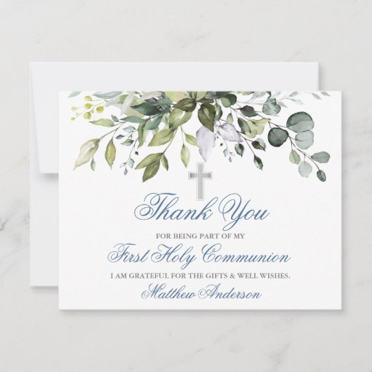 Waterverf Groen Stoffig Blauw Communie Bedankkaart (Voorkant)