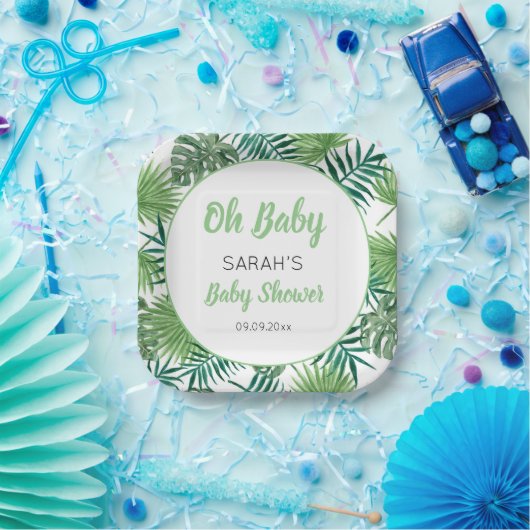 Waterverf groen tropisch blad Baby shower Papieren Bordje (Feest)