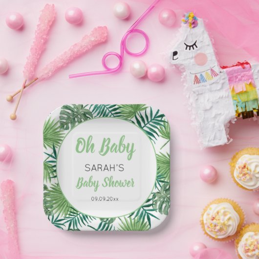 Waterverf groen tropisch blad Baby shower Papieren Bordje (Feest)