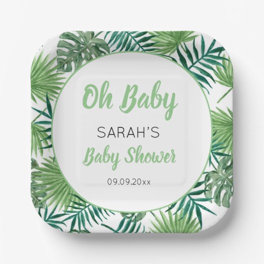 Waterverf groen tropisch blad Baby shower Papieren Bordje (Voorkant)