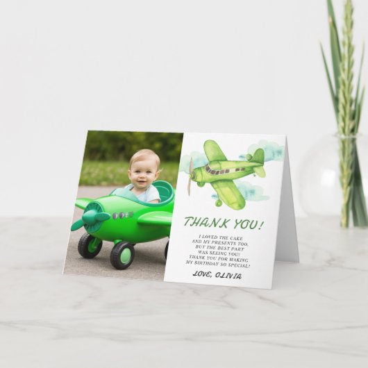 Waterverf groen vliegtuig verjaardag bedankt (Voorkant)