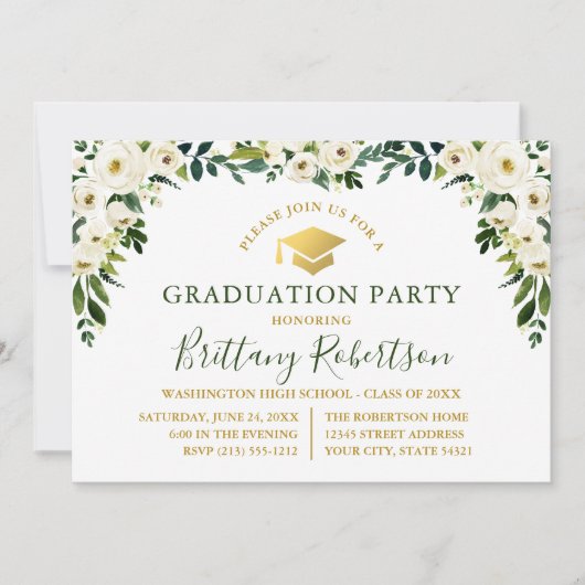 Waterverf Groen Wit Bloemen Goud Afstudeerder Part Kaart (Voorkant)