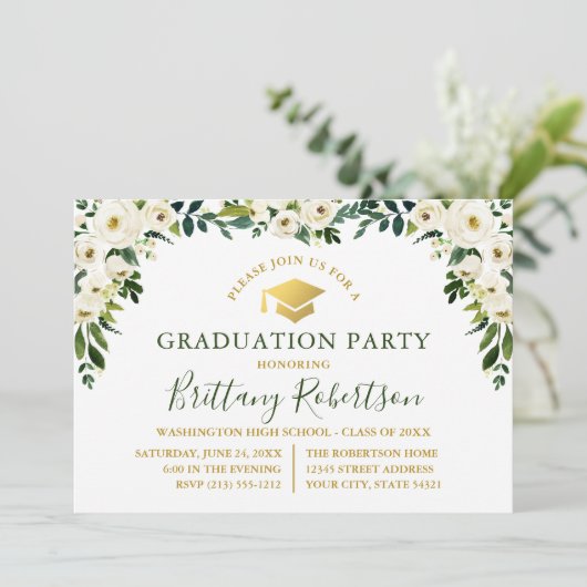 Waterverf Groen Wit Bloemen Goud Afstudeerder Part Kaart (Staand voorkant)