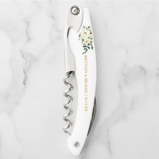 Waterverf Groen Wit Bloemen Gouden bruiloft Kurkentrekker (Voorkant)