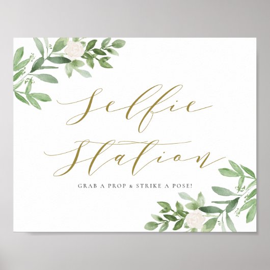 Waterverf groen wit bloemen selfie station poster (Voorkant)