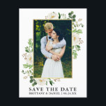 Waterverf groen wit bloemenbewaar de datum briefkaart<br><div class="desc">Moderne Waterverf Eucalyptus groen witte bloemen Lijst Save the Date Foto Verloving Aankondiging Briefkaart - Goud Lijst</div>