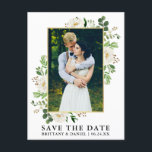 Waterverf groen wit bloemenbewaar de datum briefkaart<br><div class="desc">Moderne Waterverf Eucalyptus groen witte bloemen Lijst Save the Date Foto Verloving Aankondiging Briefkaart - Goud Lijst</div>