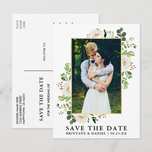 Waterverf groen wit bloemenbewaar de datum briefkaart (Voorkant / Achterkant)