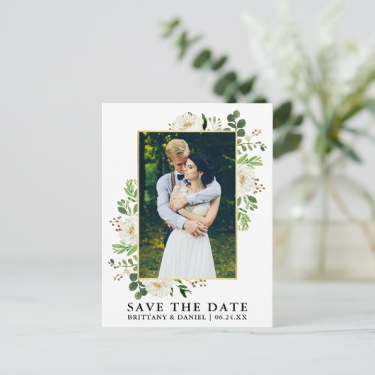 Waterverf groen wit bloemenbewaar de datum briefkaart (Staand voorkant)