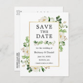 Waterverf groen wit bloemenbewaar de datum briefkaart (Voorkant / Achterkant)