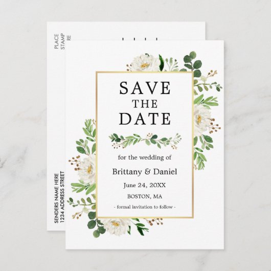 Waterverf groen wit bloemenbewaar de datum briefkaart (Voorkant / Achterkant)