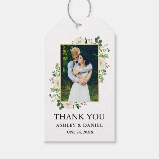 Waterverf groen wit bloemenbruiloft gunst cadeaulabel (Voorkant)