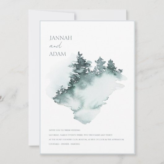 Waterverf groen wit bos dennenbomen bruiloft kaart (Voorkant)