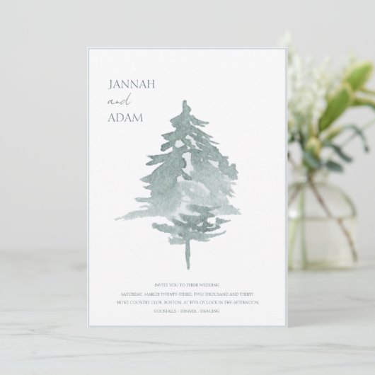 Waterverf Groen Wit Bos Pijnbomen Bruiloft Kaart (Staand voorkant)