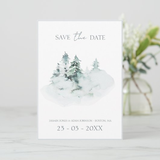 Waterverf Groen Wit Bos Pijnbomen Bruiloft Save The Date (Staand voorkant)
