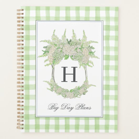 Waterverf Groen & Wit Hydrangea Crest Gingham Planner (Voorkant)