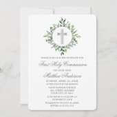 Waterverf Groen Zilveren Kruis Eerste Communie Kaart (Voorkant)