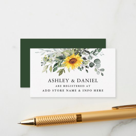 Waterverf groen zonnebloem bruiloft register informatiekaartje (Voorkant / Achterkant in situ)
