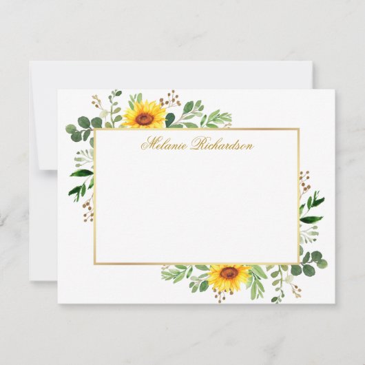 Waterverf Groen Zonnebloemen Goud Gepersonaliseerd Notitiekaartje (Voorkant)