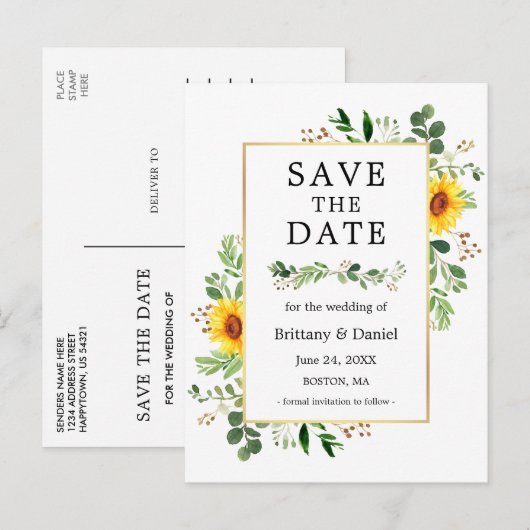 Waterverf groen Zonnebloemen Save the Date Briefkaart (Voorkant / Achterkant)
