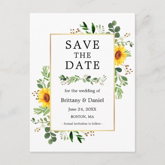 Waterverf groen Zonnebloemen Save the Date Briefkaart (Voorkant)