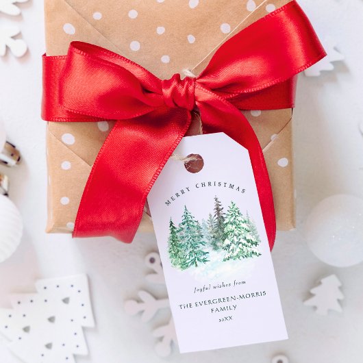Waterverf groenblijvend bos Vrolijk Kerstfeest Cadeaulabel
