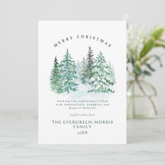 Waterverf groenblijvende bos Vrolijk kerstfeest Feestdagenkaart (Staand voorkant)