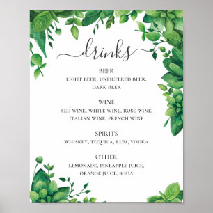 Waterverf groenblijvende gebladerte bruiloft drank poster