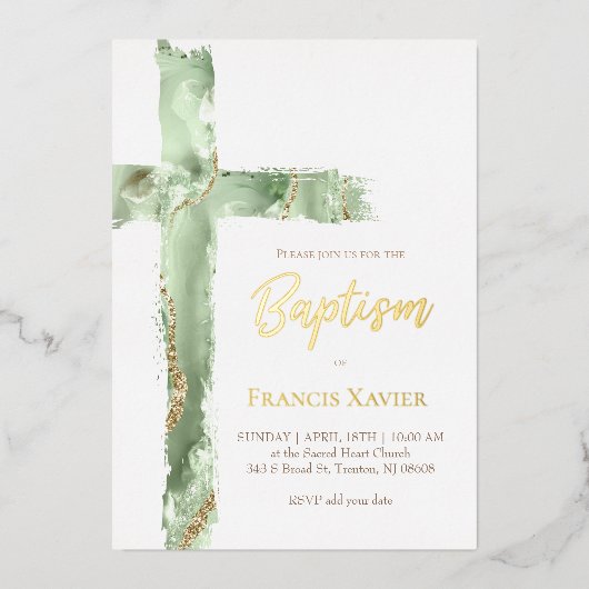 waterverf groene agaat kruis Doop Folie Uitnodiging (Voorkant)