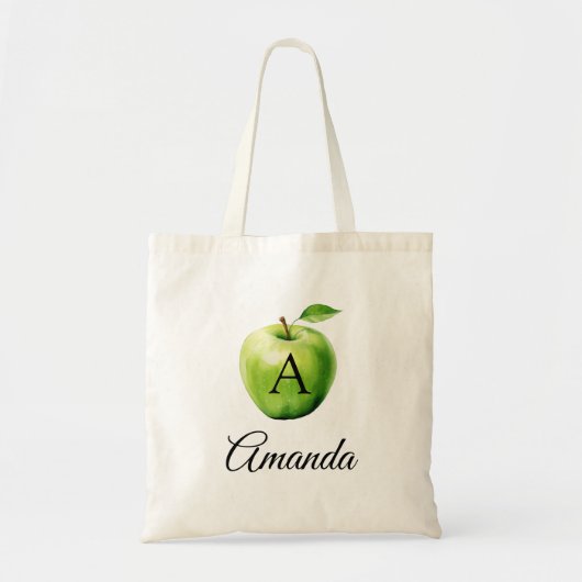 Waterverf Groene Apple Naam Monogramed Tote Bag (Voorkant)