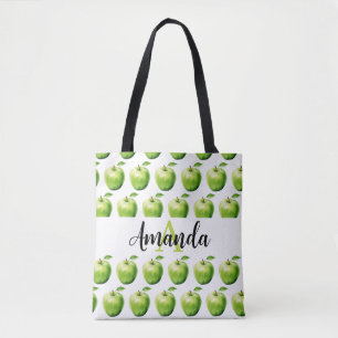 Waterverf Groene Apple Patroonnaam Monogramed Tote Bag