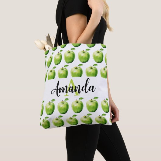 Waterverf Groene Apple Patroonnaam Monogramed Tote Bag (Dichtbij)