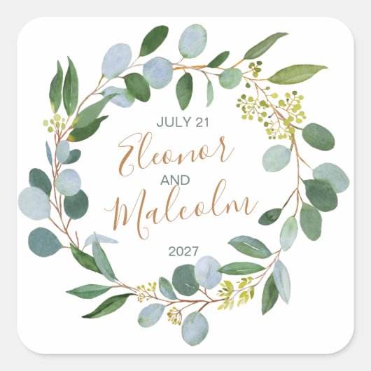 Waterverf groene baard, eucalyptus Wedding Vierkante Sticker (Voorkant)