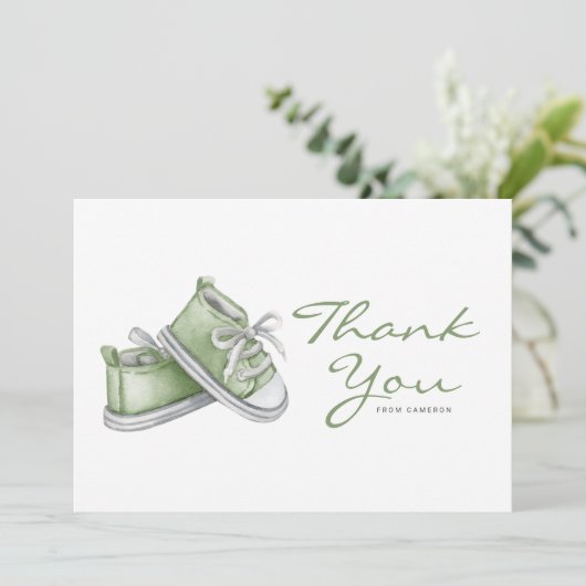 Waterverf Groene Baby Booties Baby shower Bedankkaart (Staand voorkant)