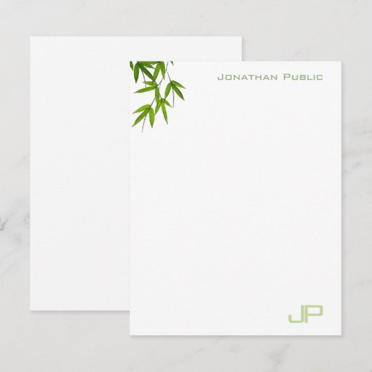 Waterverf Groene Bamboe bladeren Monogram Modern Notitiekaartje (Voorkant / Achterkant)