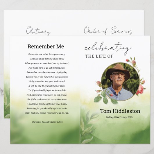 Waterverf Groene Begrafenisprogramma Sjabloon (Voorkant / Achterkant)