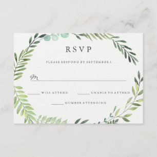 Waterverf groene blad krans bruiloft RSVP Kaartje