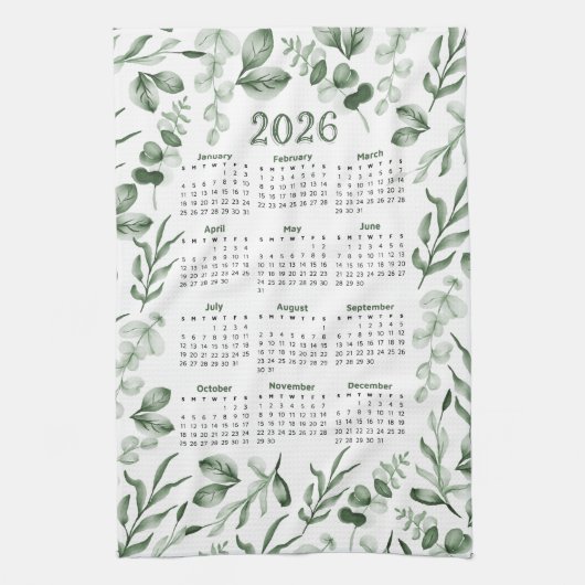 Waterverf Groene Bladeren 2026 Kalender Theedoek (Verticaal)