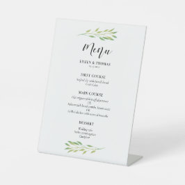 Waterverf groene bladeren bruiloft menu reclamebord met voetstuk